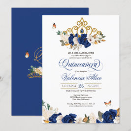 Invitación Rosas Azules de Oro Mariposa Tiara Quinceañera
