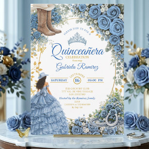 Invitación Rosas Azules del Oeste de Cowgirl Dorado Quinceañe