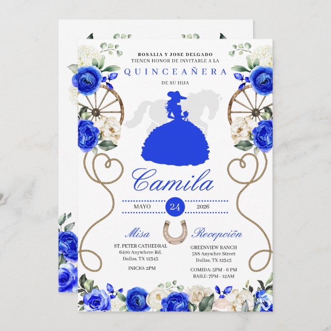 Invitación Rosas azules del oeste Mariachi Charro Quinceañera (Anverso / Reverso)
