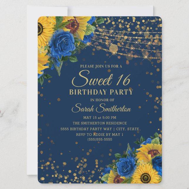 Invitación Rosas azules  dorados Purpurina dulce 16 (Anverso)