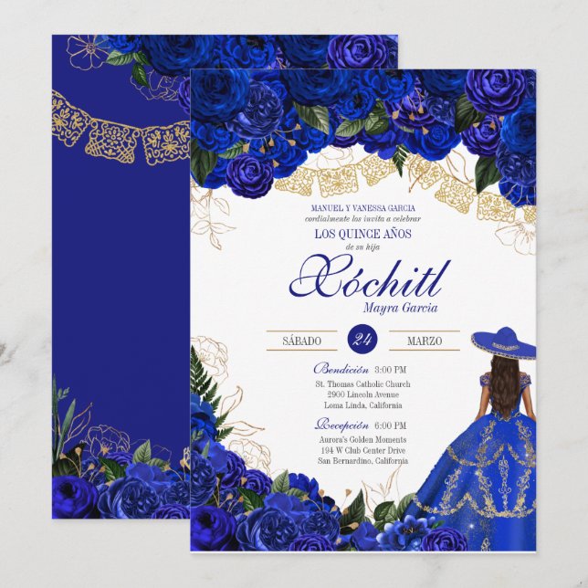 Invitación Rosas azules elegante Charro Quinceanera (Anverso / Reverso)
