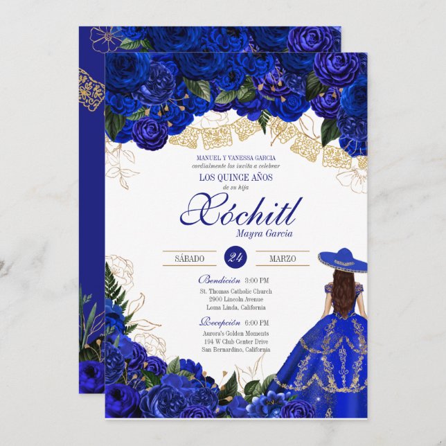 Invitación Rosas azules elegante Charro Quinceanera (Anverso / Reverso)