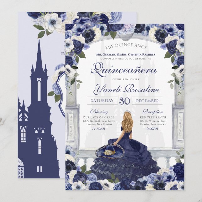 Invitación Rosas azules elegante princesa de Charro Quinceane (Anverso / Reverso)