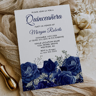 Invitación Rosas Azules Elegante Quinceañera de Plata