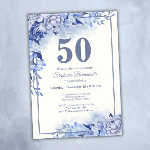 Invitación Rosas Azules Elegantes Cumpleaños 50 de Mujer