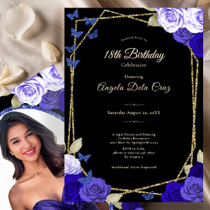 Invitación Rosas Azules Elegantes de Oro Negro Cumpleaños 18