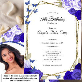 Invitación Rosas Azules Elegantes de Oro Negro Cumpleaños 18 