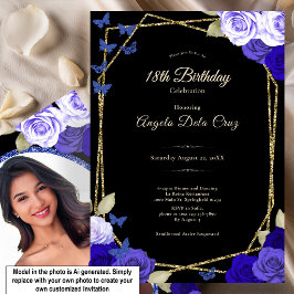 Invitación Rosas Azules Elegantes de Oro Negro Cumpleaños 18 