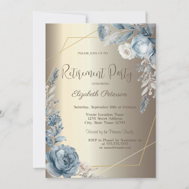 Invitación Rosas azules enmarcan champagne Gold (Anverso)
