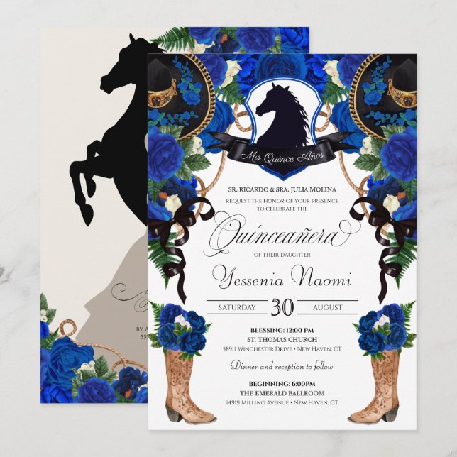 Invitación Rosas Azules Escudo de Caballo Elegante Charro Qui (Anverso / Reverso)