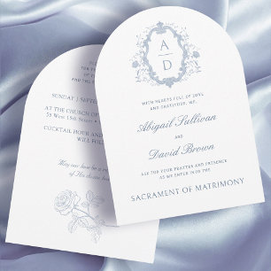 Invitación Rosas azules Escudo Monogramos Boda católico