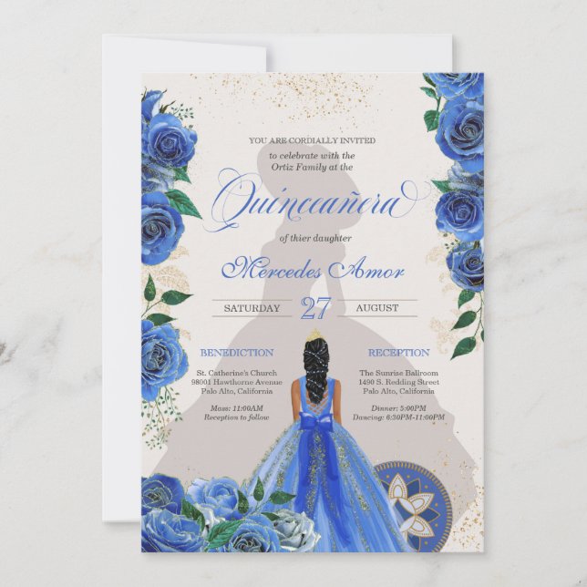 Invitación Rosas azules Fancy Quinceanera Western Charro Glam (Anverso)