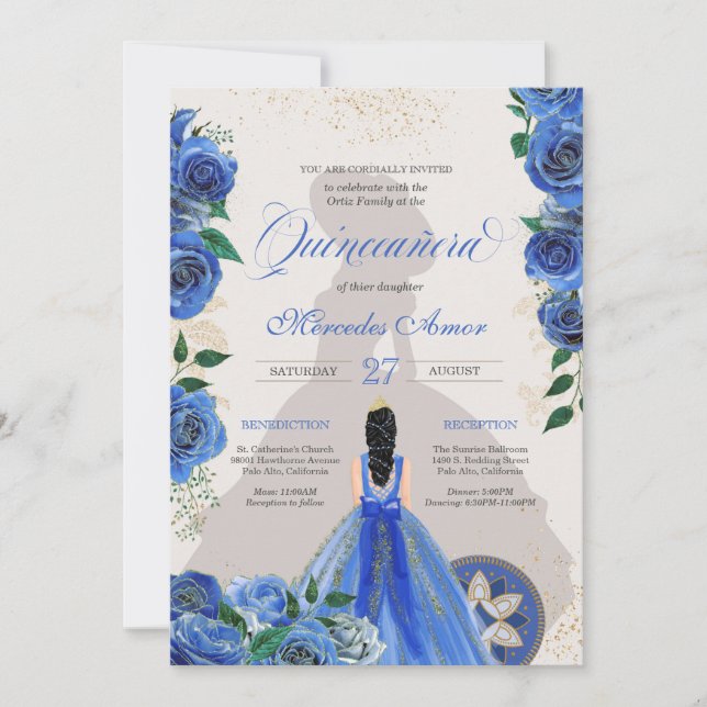 Invitación Rosas azules Fancy Quinceanera Western Charro Glam (Anverso)