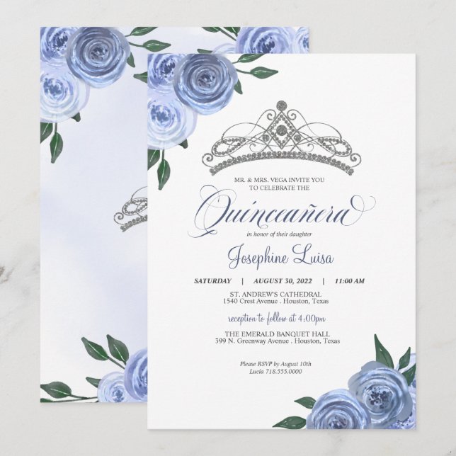 Invitación Rosas Azules Floral Floral Quinceañera Cumpleaños  (Anverso / Reverso)