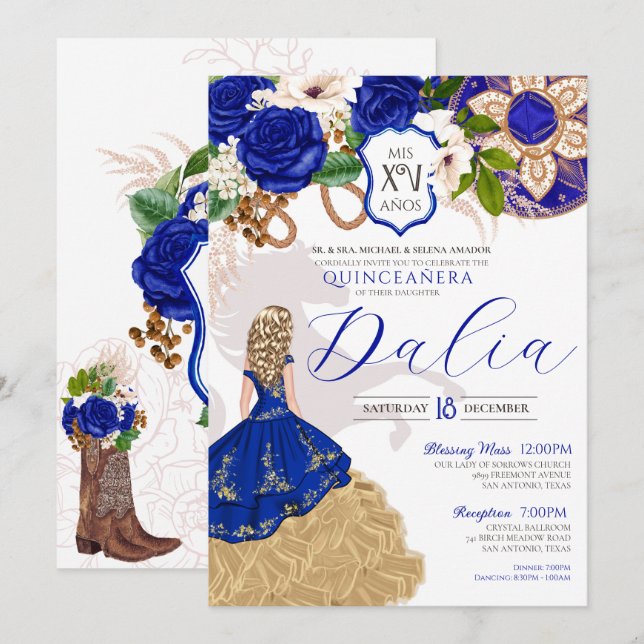 Invitación Rosas Azules Floral Occidental Charro Quinceañera (Anverso / Reverso)
