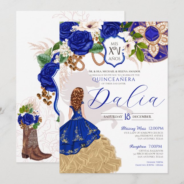 Invitación Rosas Azules Floral Occidental Charro Quinceañera (Anverso / Reverso)
