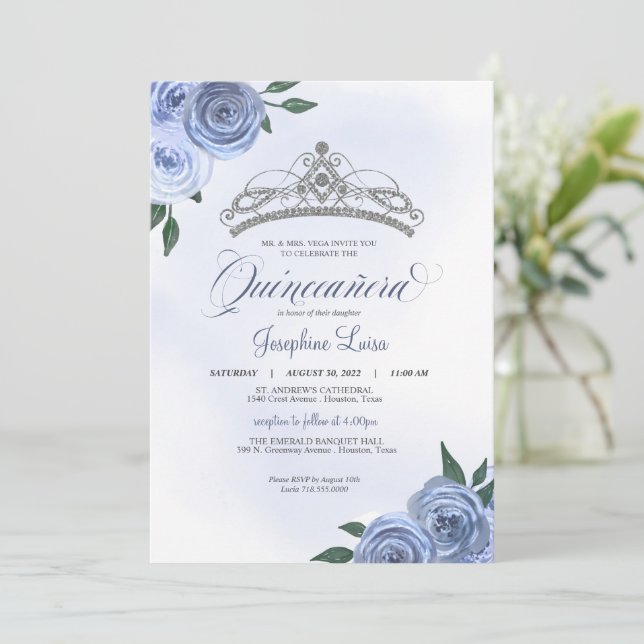 Invitación Rosas Azules Floral Quiñera (Anverso de pie)