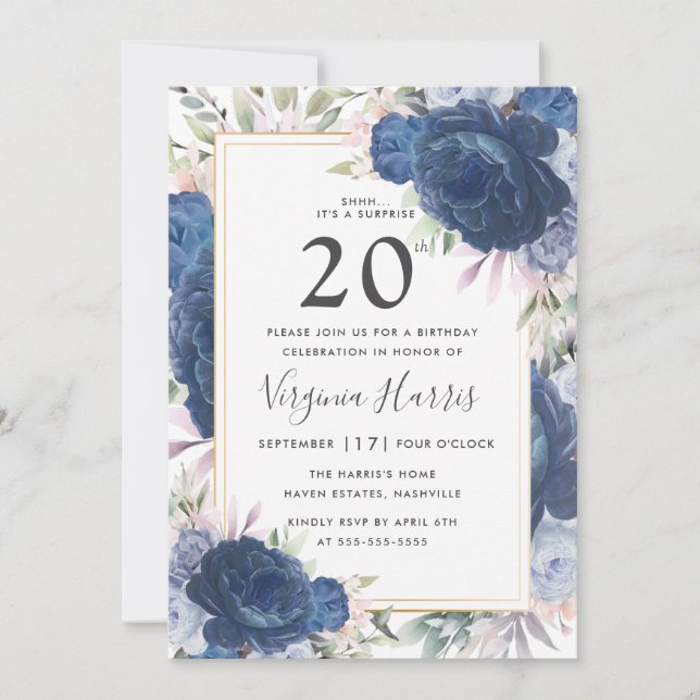 Invitación Rosas Azules Floral Veinte años (Anverso)