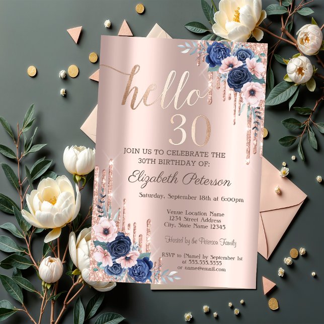 Invitación Rosas azules, golosinas Purpurinas Rosa Oro 30 cum (Subido por el creador)