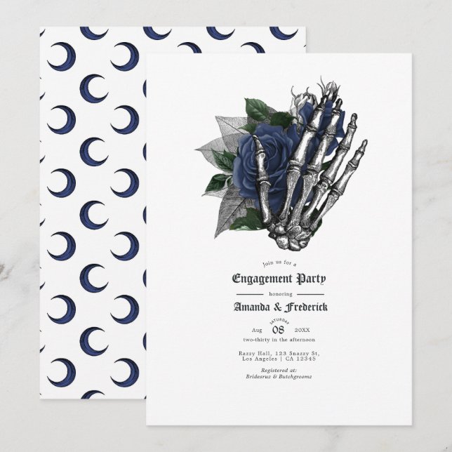 Invitación Rosas Azules Góticas y Mano de Esqueleto de Compro (Anverso / Reverso)
