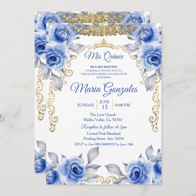 Invitación Rosas Azules La Princesa Quinceanera (Anverso / Reverso)