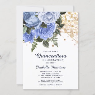 Invitación Rosas Azules Luces de Cadena con Purpurina Dorada 