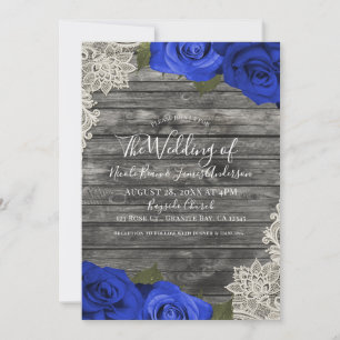 Invitación Rosas Azules Madera Rústica Lace de Boda Crema Mar