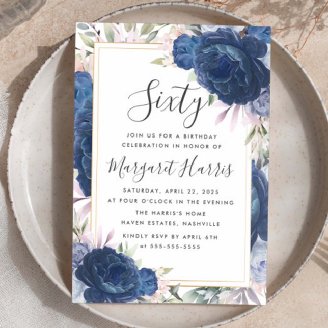 Invitación Rosas azules marco dorado floral 60 años (Subido por el creador)