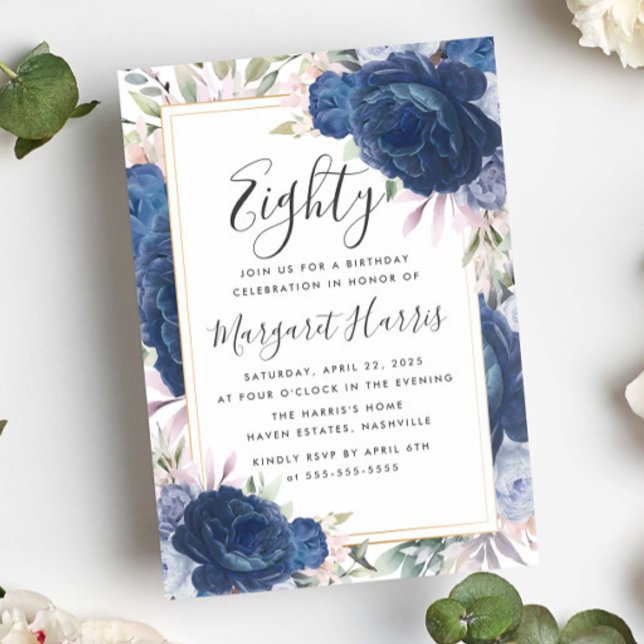 Invitación Rosas azules marco dorado floral 80 cumpleaños 80 (Subido por el creador)