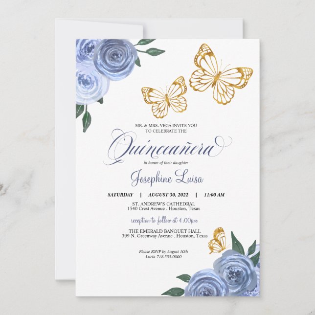 Invitación Rosas Azules Mariposa Dorada Quinceañera Cumpleaño (Anverso)