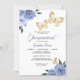 Invitación Rosas Azules Mariposa Dorada Quinceañera Cumpleaño