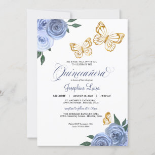 Invitación Rosas Azules Mariposa Dorada Quinceañera Cumpleaño