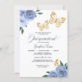 Invitación Rosas Azules Mariposa Dorada Quinceañera Cumpleaño