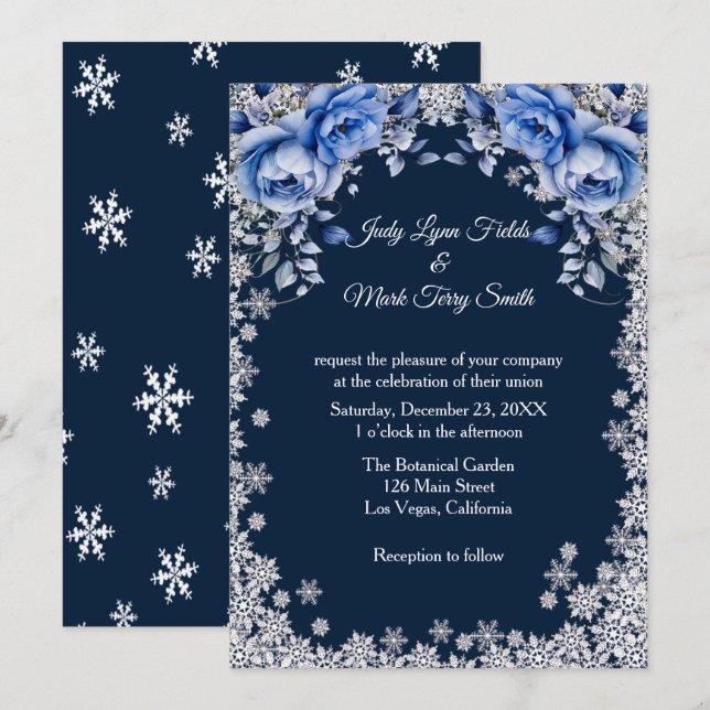Invitación Rosas azules Navidades de copo de nieve Boda (Anverso / Reverso)