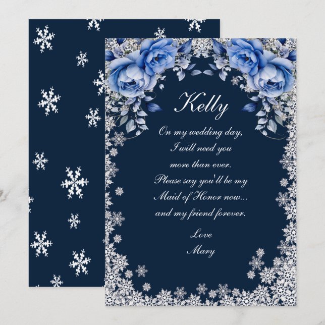 Invitación Rosas azules Navidades de copos de nieve (Anverso / Reverso)