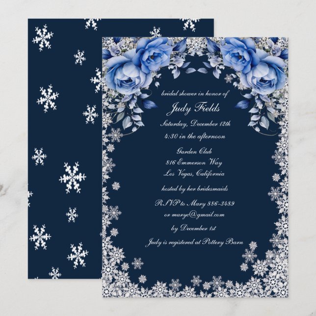Invitación Rosas azules Navidades de copos de nieve ducha de  (Anverso / Reverso)