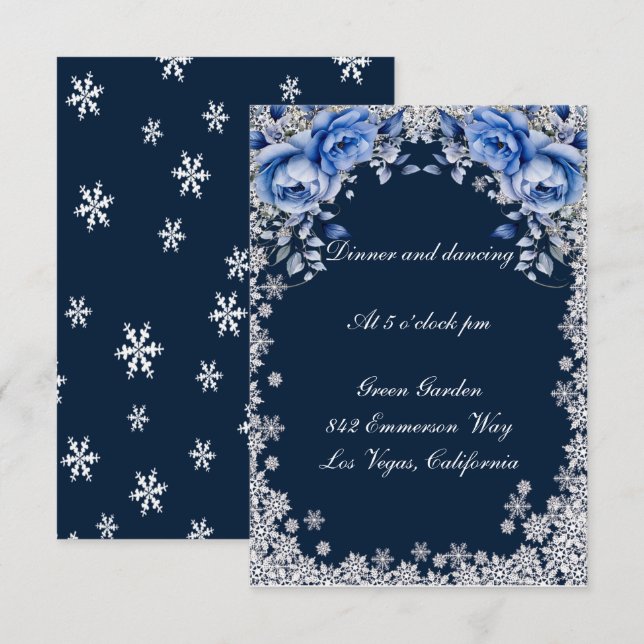 Invitación Rosas azules Navidades de copos de nieve Recepción (Anverso / Reverso)
