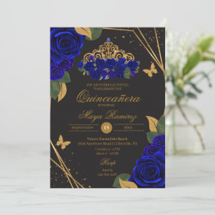 Invitación Rosas azules negras Tiara Purpurina de oro Quincea