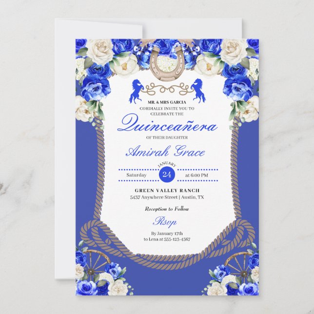 Invitación Rosas azules occidentales Charro Cowgirl Quinceañe (Anverso)