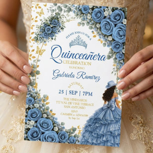 Invitación Rosas Azules Occidentales Quinceañera Dorada del P