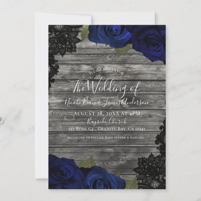 Invitación Rosas Azules Oscuras Madera Rústica Encaje Negro B (Anverso)