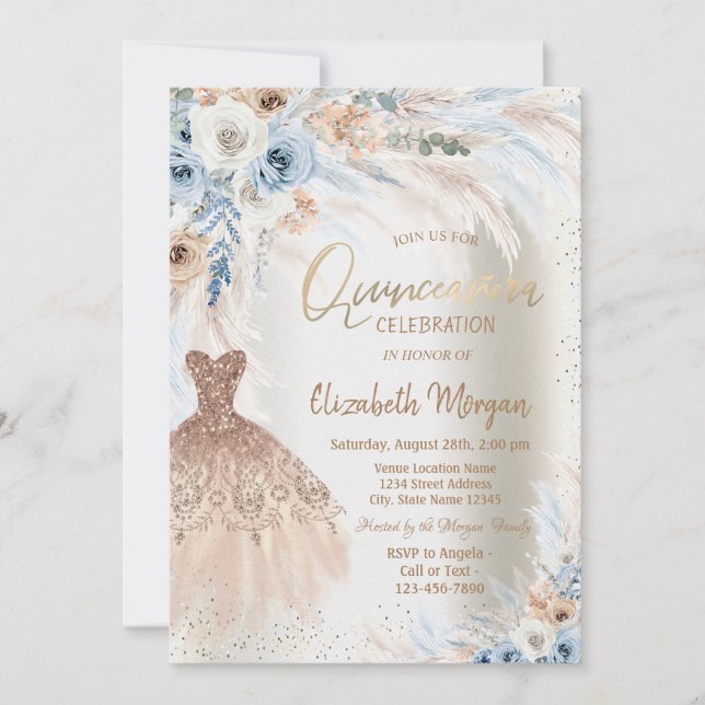 Invitación Rosas azules Pampas Vestido de Grado Quinceanera (Anverso)
