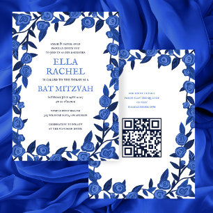 Invitación Rosas azules Personalizado Bat Bar Mitzvah QR Chic