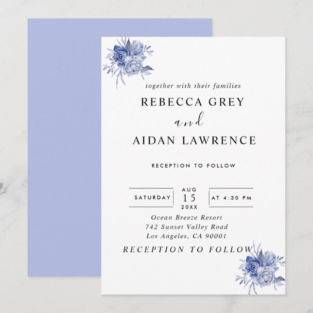 Invitación rosas azules polvorientas rústicas y otras flores (Anverso / Reverso)