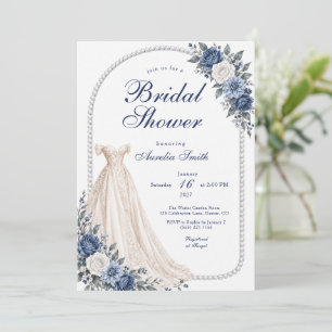 Invitación Rosas Azules Polvorientas, Vestido y Perlas Desped