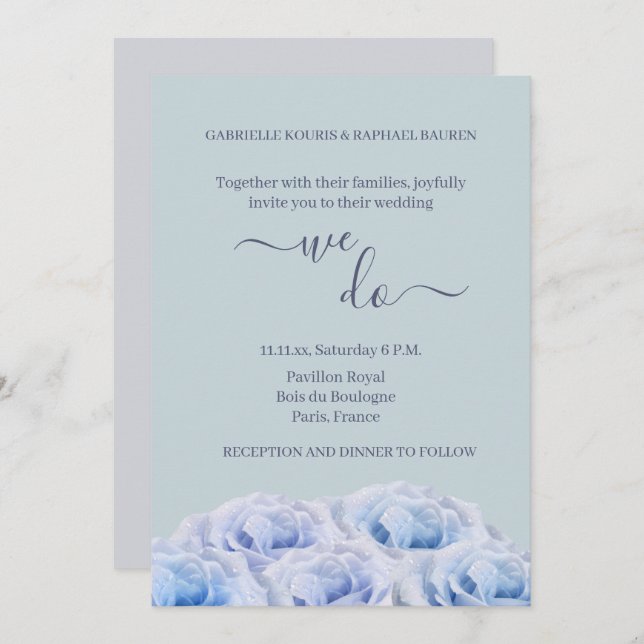 Invitación Rosas Azules Polvorientos Vieron Floral Gris Lo Ha (Anverso / Reverso)