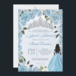 Invitación Rosas azules Princess Ball Invitat<br><div class="desc">Celebra el 16º cumpleaños con este magnífico tema de princesa floral ccinderella azul floral invitación! Con hermosos rosas de color azul cielo y hielo, una glamurosa tiara de plata y un hermoso chica en su vestido de princesa, esta invitación hará las delicias de sus invitados con anticipación. Este diseño es...</div>