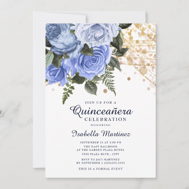 Invitación Rosas azules Purpurina de oro iluminan Quinceañera (Anverso)