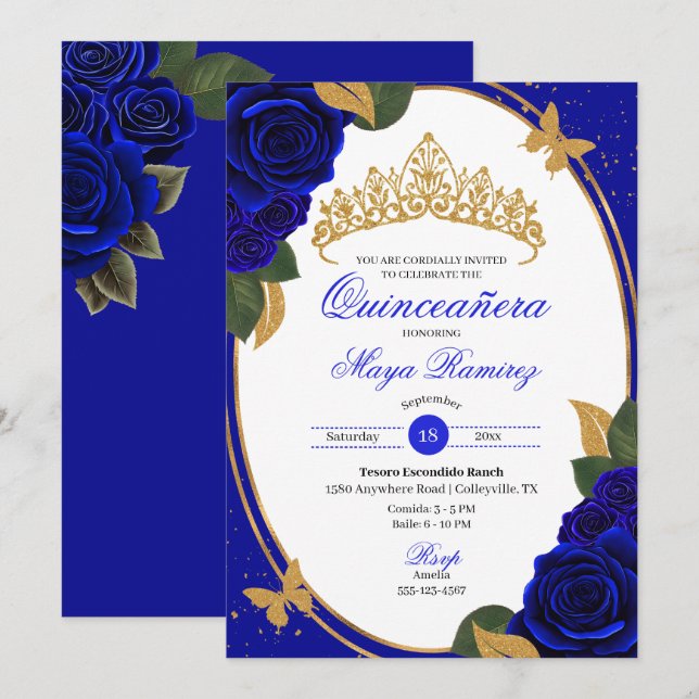 Invitación Rosas azules Purpurina de oro mariposa Quinceañera (Anverso / Reverso)