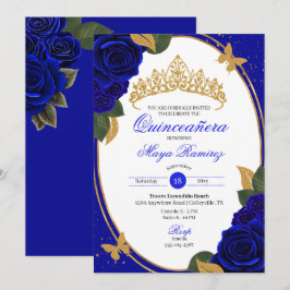 Invitación Rosas azules Purpurina de oro mariposa Quinceañera